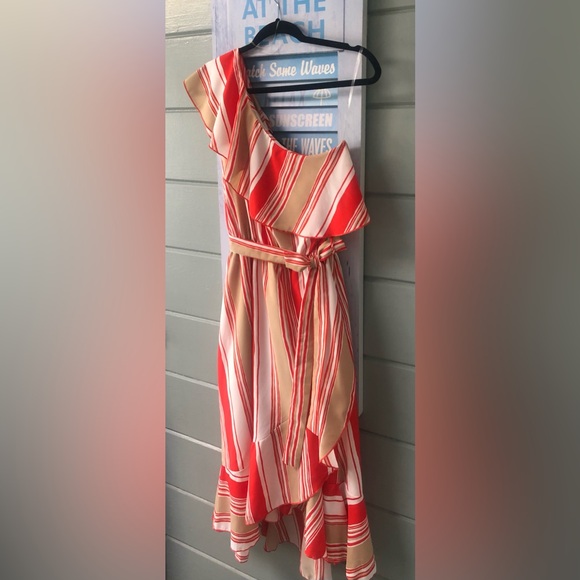 VICI stripe, ruffle one shoulder faux wrap midi dress. w/sash tie M ⚡️FLASH SALE - Picture 9 of 16